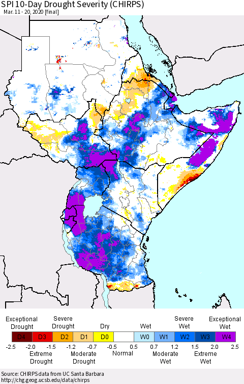 Eastern Africa SPI 10-Day Drought Severity (CHIRPS) Thematic Map For 3/11/2020 - 3/20/2020