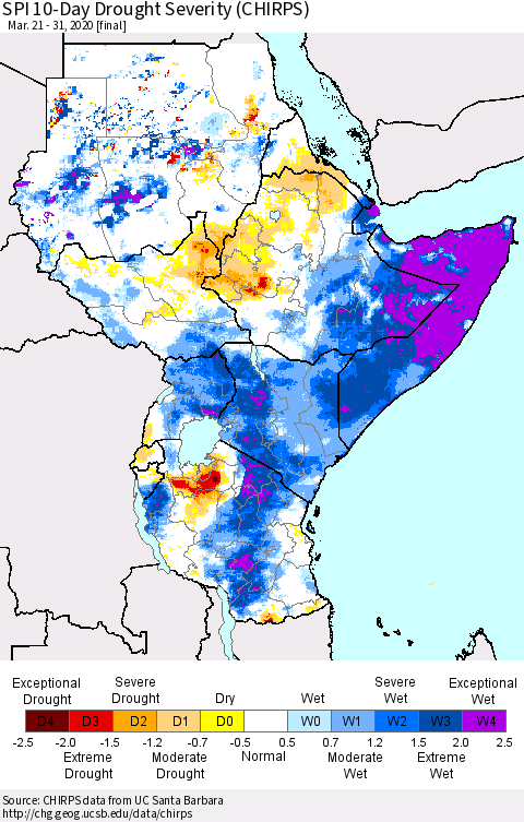 Eastern Africa SPI 10-Day Drought Severity (CHIRPS) Thematic Map For 3/21/2020 - 3/31/2020