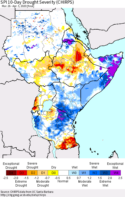 Eastern Africa SPI 10-Day Drought Severity (CHIRPS) Thematic Map For 3/26/2020 - 4/5/2020