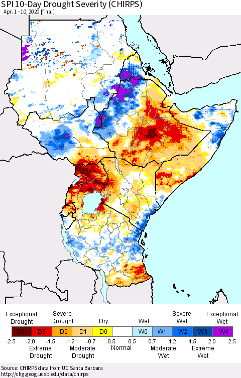 Eastern Africa SPI 10-Day Drought Severity (CHIRPS) Thematic Map For 4/1/2020 - 4/10/2020