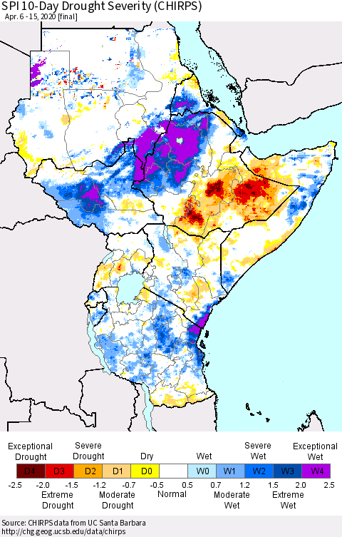 Eastern Africa SPI 10-Day Drought Severity (CHIRPS) Thematic Map For 4/6/2020 - 4/15/2020