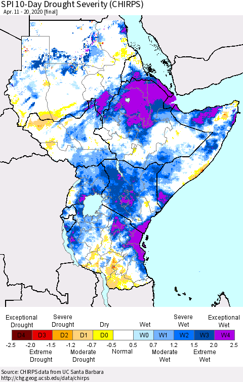 Eastern Africa SPI 10-Day Drought Severity (CHIRPS) Thematic Map For 4/11/2020 - 4/20/2020