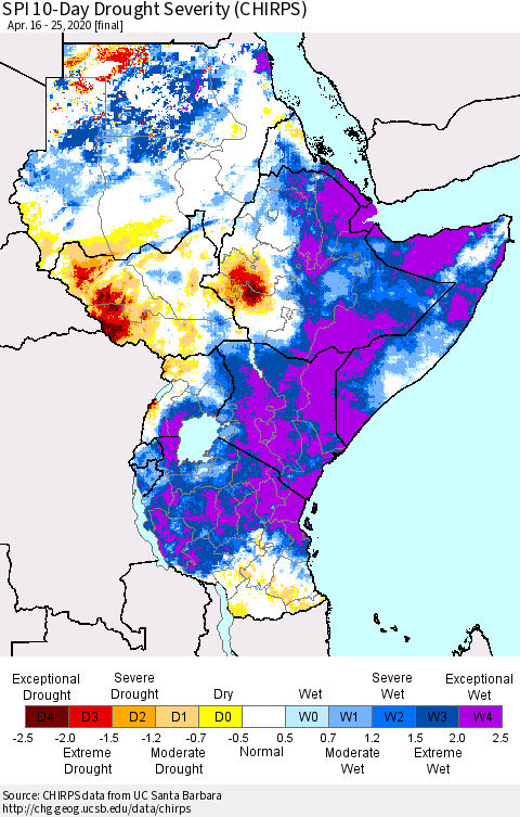 Eastern Africa SPI 10-Day Drought Severity (CHIRPS) Thematic Map For 4/16/2020 - 4/25/2020