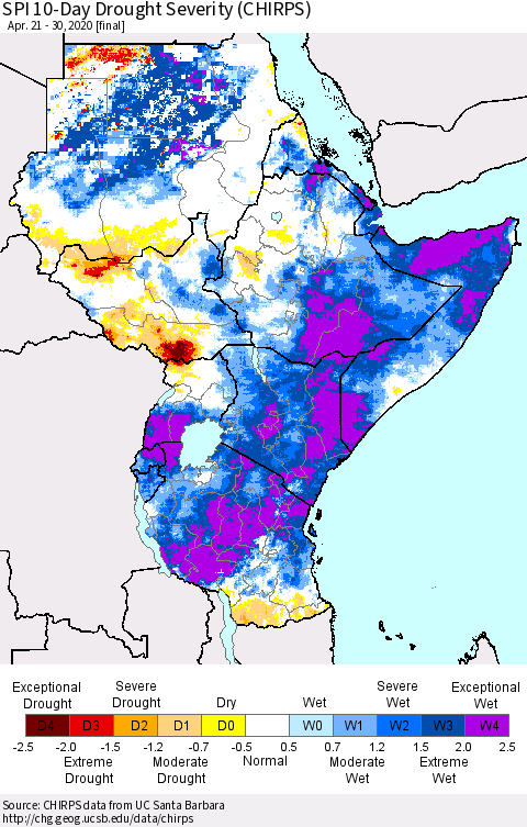 Eastern Africa SPI 10-Day Drought Severity (CHIRPS) Thematic Map For 4/21/2020 - 4/30/2020