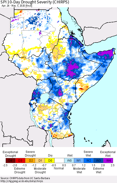 Eastern Africa SPI 10-Day Drought Severity (CHIRPS) Thematic Map For 4/26/2020 - 5/5/2020