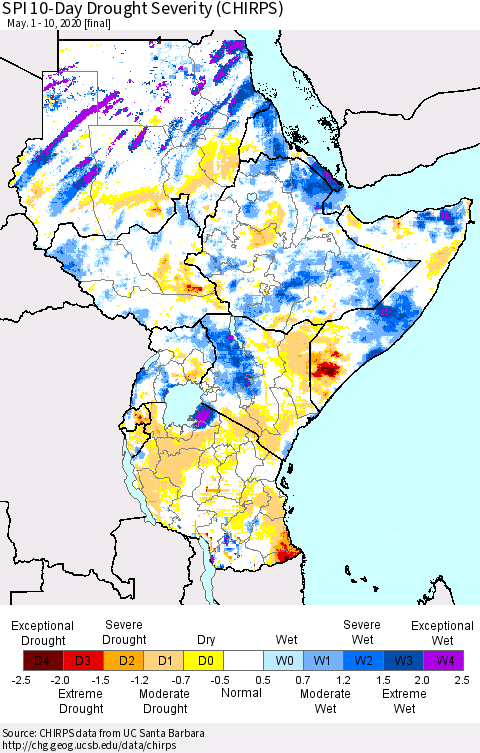 Eastern Africa SPI 10-Day Drought Severity (CHIRPS) Thematic Map For 5/1/2020 - 5/10/2020