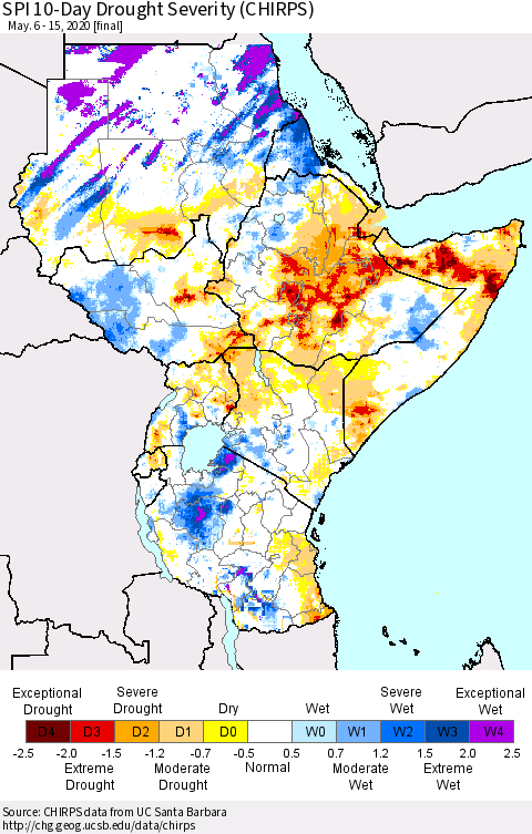 Eastern Africa SPI 10-Day Drought Severity (CHIRPS) Thematic Map For 5/6/2020 - 5/15/2020