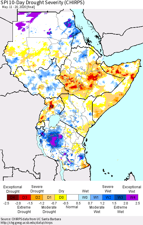 Eastern Africa SPI 10-Day Drought Severity (CHIRPS) Thematic Map For 5/11/2020 - 5/20/2020