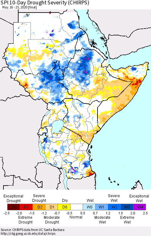 Eastern Africa SPI 10-Day Drought Severity (CHIRPS) Thematic Map For 5/16/2020 - 5/25/2020