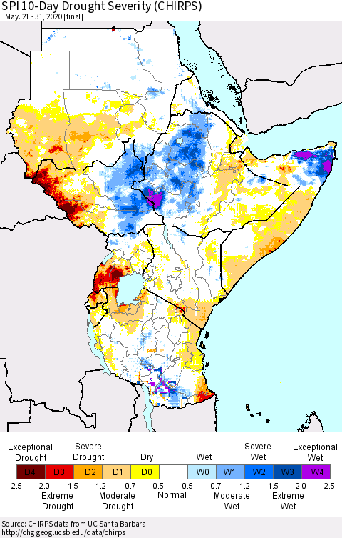 Eastern Africa SPI 10-Day Drought Severity (CHIRPS) Thematic Map For 5/21/2020 - 5/31/2020
