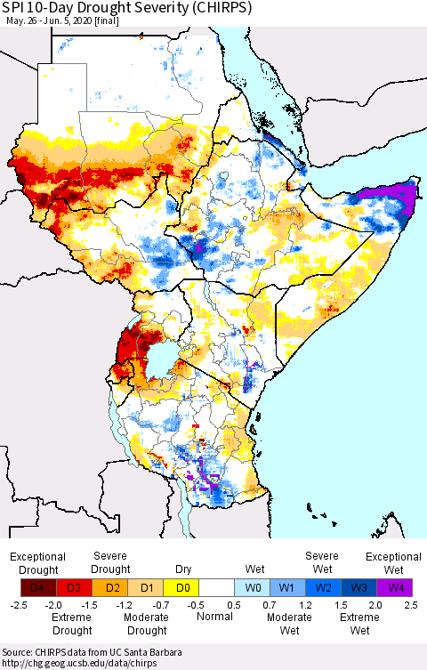 Eastern Africa SPI 10-Day Drought Severity (CHIRPS) Thematic Map For 5/26/2020 - 6/5/2020