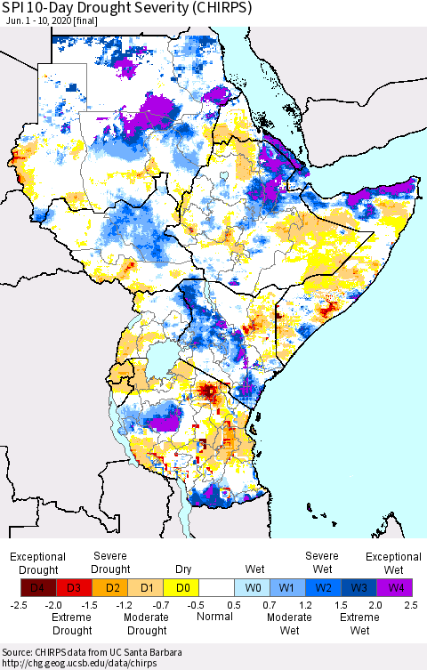 Eastern Africa SPI 10-Day Drought Severity (CHIRPS) Thematic Map For 6/1/2020 - 6/10/2020