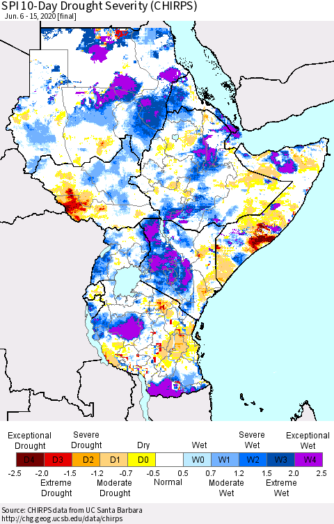 Eastern Africa SPI 10-Day Drought Severity (CHIRPS) Thematic Map For 6/6/2020 - 6/15/2020