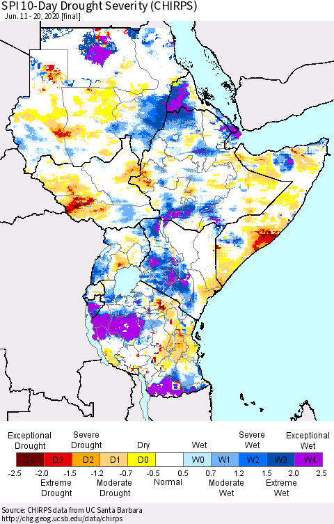 Eastern Africa SPI 10-Day Drought Severity (CHIRPS) Thematic Map For 6/11/2020 - 6/20/2020