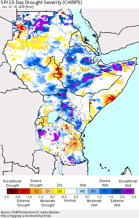 Eastern Africa SPI 10-Day Drought Severity (CHIRPS) Thematic Map For 6/16/2020 - 6/25/2020