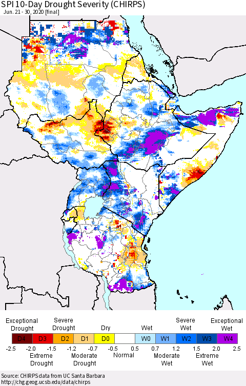 Eastern Africa SPI 10-Day Drought Severity (CHIRPS) Thematic Map For 6/21/2020 - 6/30/2020