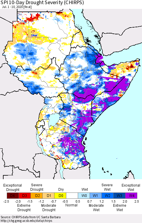 Eastern Africa SPI 10-Day Drought Severity (CHIRPS) Thematic Map For 7/1/2020 - 7/10/2020