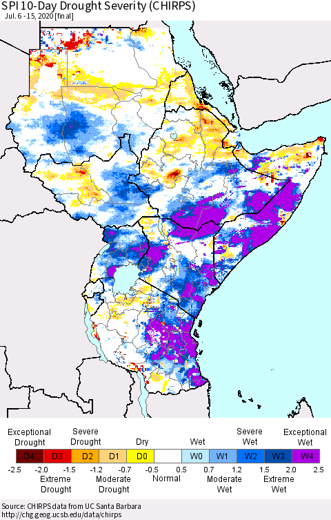 Eastern Africa SPI 10-Day Drought Severity (CHIRPS) Thematic Map For 7/6/2020 - 7/15/2020