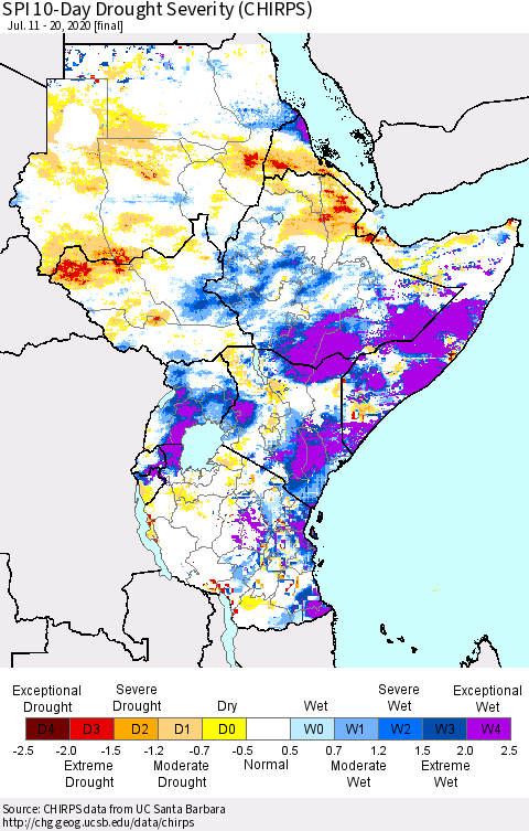 Eastern Africa SPI 10-Day Drought Severity (CHIRPS) Thematic Map For 7/11/2020 - 7/20/2020