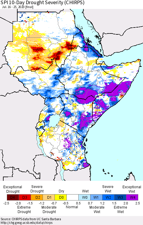 Eastern Africa SPI 10-Day Drought Severity (CHIRPS) Thematic Map For 7/16/2020 - 7/25/2020