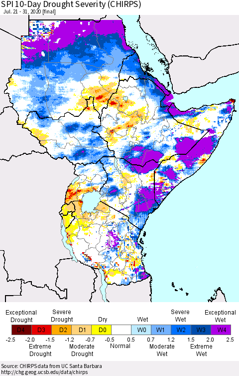 Eastern Africa SPI 10-Day Drought Severity (CHIRPS) Thematic Map For 7/21/2020 - 7/31/2020