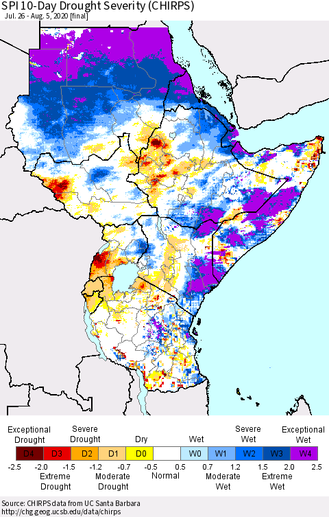 Eastern Africa SPI 10-Day Drought Severity (CHIRPS) Thematic Map For 7/26/2020 - 8/5/2020