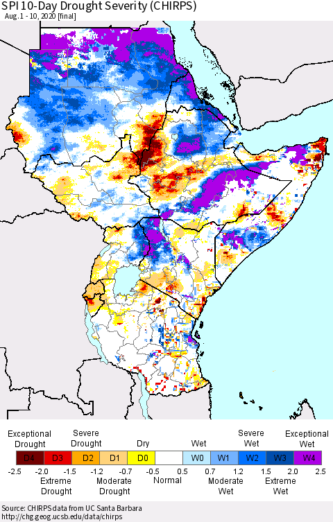 Eastern Africa SPI 10-Day Drought Severity (CHIRPS) Thematic Map For 8/1/2020 - 8/10/2020