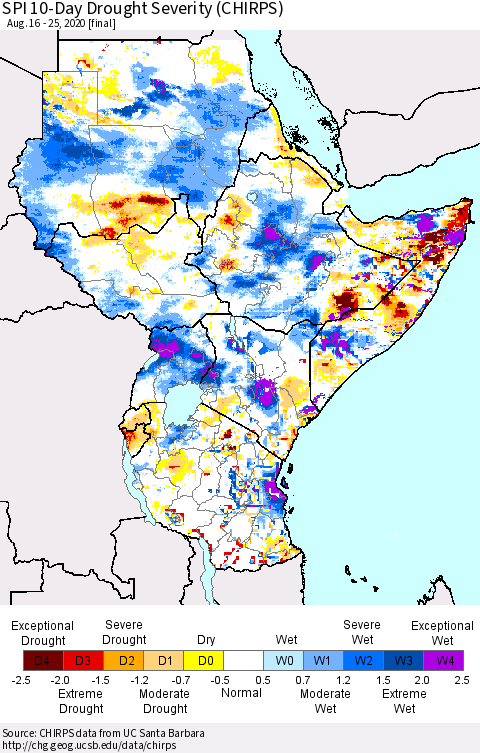 Eastern Africa SPI 10-Day Drought Severity (CHIRPS) Thematic Map For 8/16/2020 - 8/25/2020