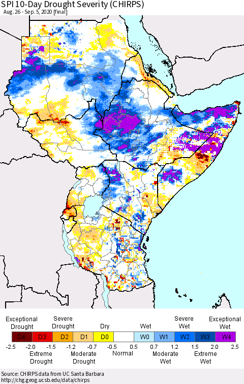 Eastern Africa SPI 10-Day Drought Severity (CHIRPS) Thematic Map For 8/26/2020 - 9/5/2020