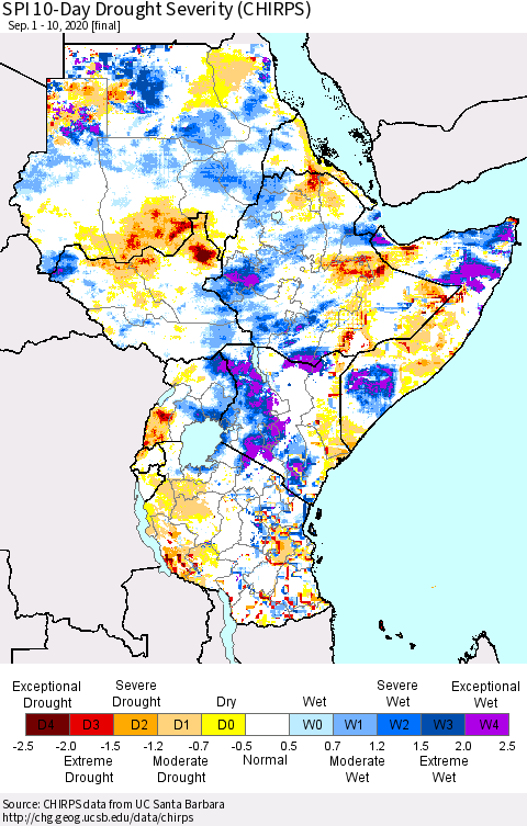 Eastern Africa SPI 10-Day Drought Severity (CHIRPS) Thematic Map For 9/1/2020 - 9/10/2020