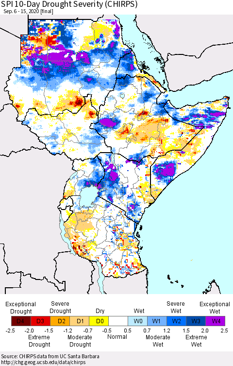 Eastern Africa SPI 10-Day Drought Severity (CHIRPS) Thematic Map For 9/6/2020 - 9/15/2020