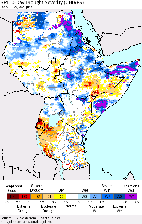 Eastern Africa SPI 10-Day Drought Severity (CHIRPS) Thematic Map For 9/11/2020 - 9/20/2020