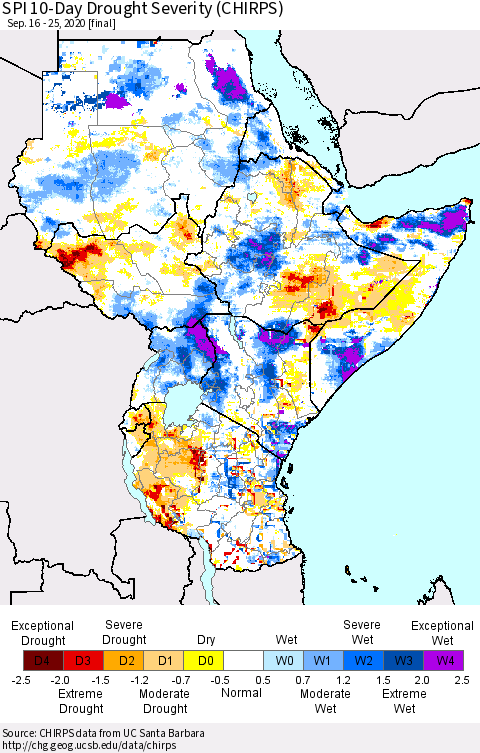 Eastern Africa SPI 10-Day Drought Severity (CHIRPS) Thematic Map For 9/16/2020 - 9/25/2020