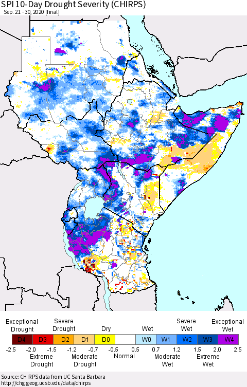Eastern Africa SPI 10-Day Drought Severity (CHIRPS) Thematic Map For 9/21/2020 - 9/30/2020