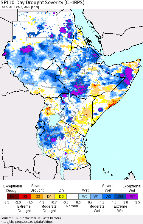 Eastern Africa SPI 10-Day Drought Severity (CHIRPS) Thematic Map For 9/26/2020 - 10/5/2020