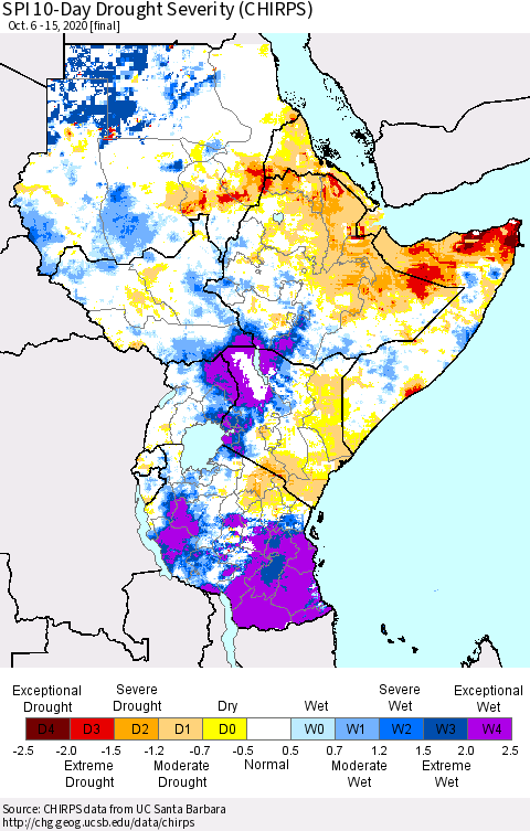Eastern Africa SPI 10-Day Drought Severity (CHIRPS) Thematic Map For 10/6/2020 - 10/15/2020
