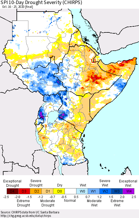 Eastern Africa SPI 10-Day Drought Severity (CHIRPS) Thematic Map For 10/16/2020 - 10/25/2020