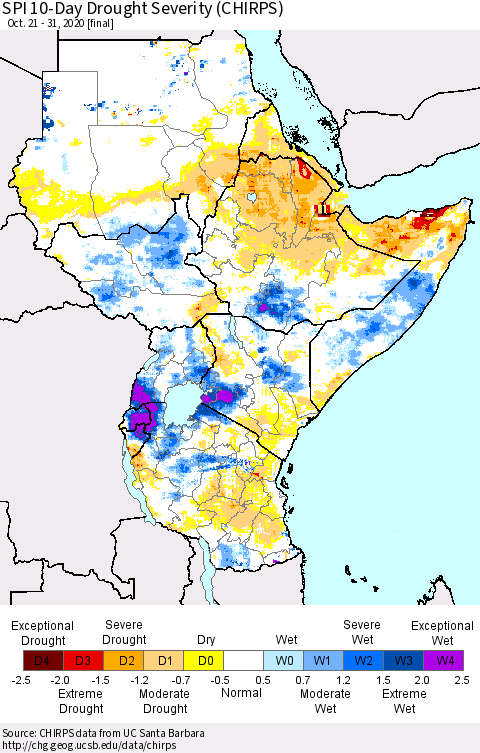 Eastern Africa SPI 10-Day Drought Severity (CHIRPS) Thematic Map For 10/21/2020 - 10/31/2020