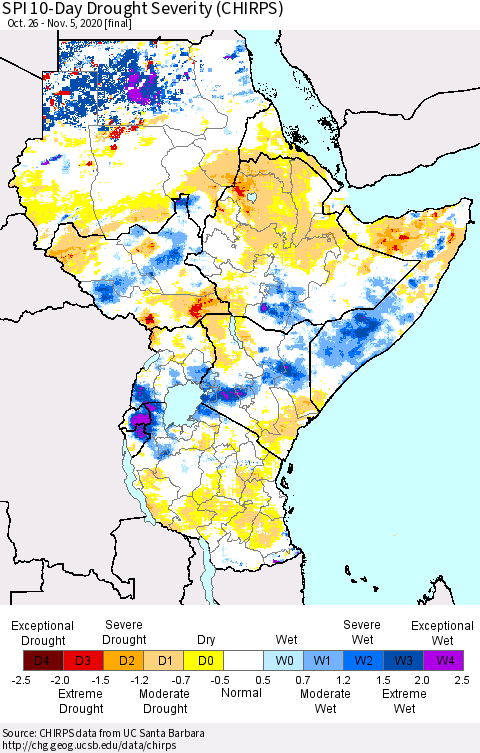 Eastern Africa SPI 10-Day Drought Severity (CHIRPS) Thematic Map For 10/26/2020 - 11/5/2020