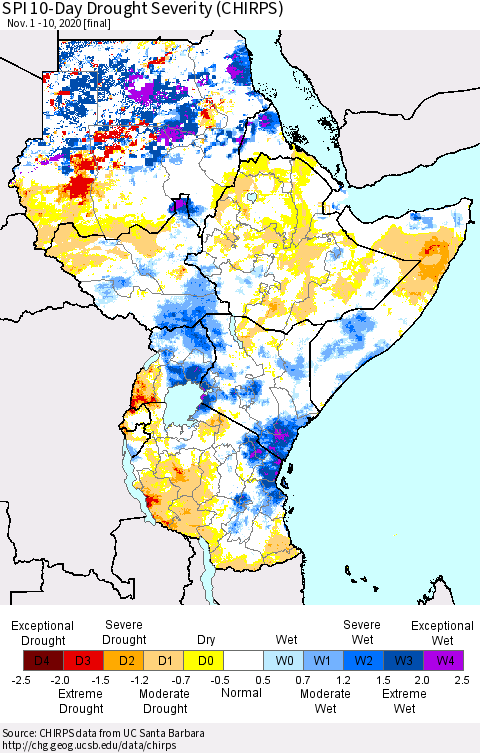 Eastern Africa SPI 10-Day Drought Severity (CHIRPS) Thematic Map For 11/1/2020 - 11/10/2020
