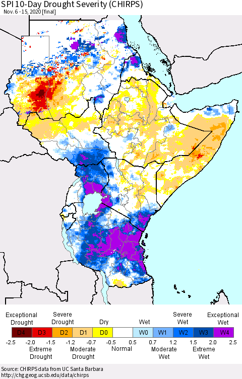 Eastern Africa SPI 10-Day Drought Severity (CHIRPS) Thematic Map For 11/6/2020 - 11/15/2020