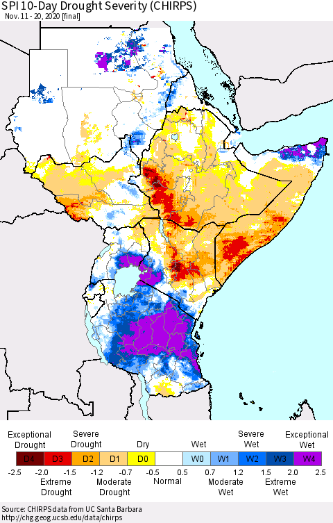 Eastern Africa SPI 10-Day Drought Severity (CHIRPS) Thematic Map For 11/11/2020 - 11/20/2020