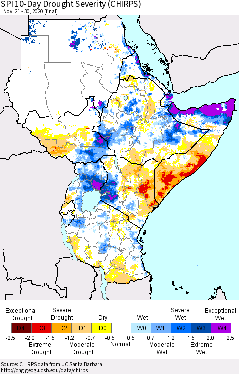 Eastern Africa SPI 10-Day Drought Severity (CHIRPS) Thematic Map For 11/21/2020 - 11/30/2020