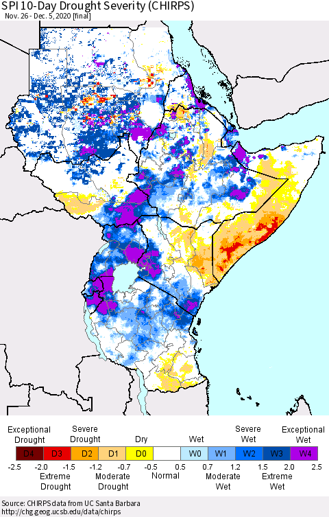 Eastern Africa SPI 10-Day Drought Severity (CHIRPS) Thematic Map For 11/26/2020 - 12/5/2020