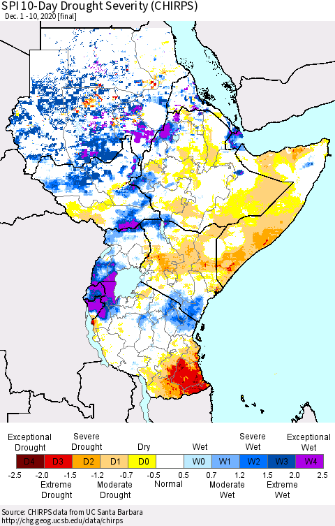 Eastern Africa SPI 10-Day Drought Severity (CHIRPS) Thematic Map For 12/1/2020 - 12/10/2020