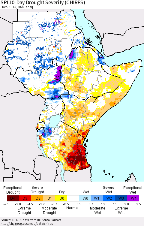 Eastern Africa SPI 10-Day Drought Severity (CHIRPS) Thematic Map For 12/6/2020 - 12/15/2020