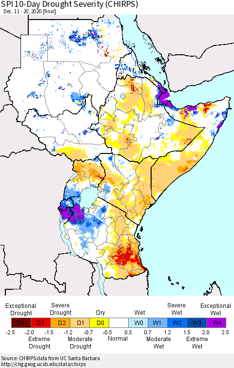 Eastern Africa SPI 10-Day Drought Severity (CHIRPS) Thematic Map For 12/11/2020 - 12/20/2020