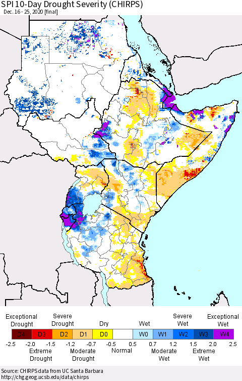 Eastern Africa SPI 10-Day Drought Severity (CHIRPS) Thematic Map For 12/16/2020 - 12/25/2020