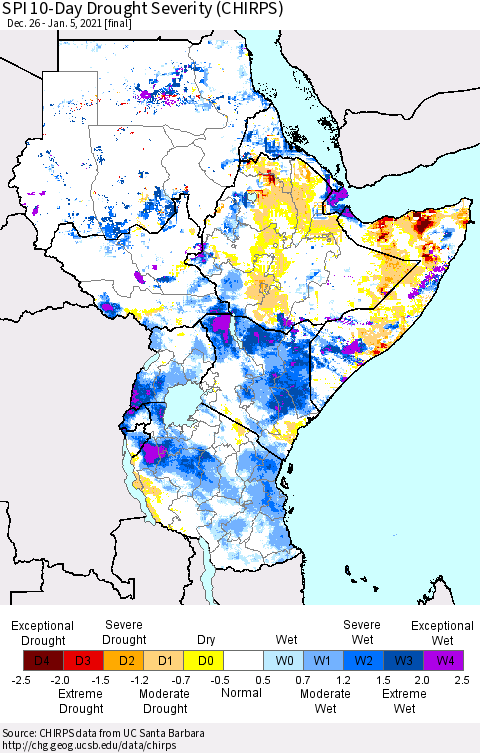 Eastern Africa SPI 10-Day Drought Severity (CHIRPS) Thematic Map For 12/26/2020 - 1/5/2021