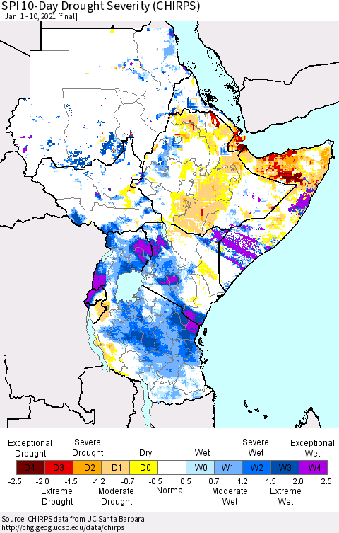 Eastern Africa SPI 10-Day Drought Severity (CHIRPS) Thematic Map For 1/1/2021 - 1/10/2021